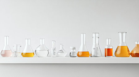 Laboratory shelf with labeled glass containers, solvents, and reagent jarsの素材