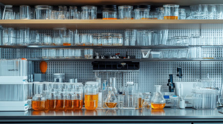 Laboratory shelf with labeled glass containers, solvents, and reagent jarsの素材