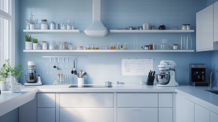 Lab bench with Petri dishes, flasks, and PH indicator chart beside measuring spoonsの素材