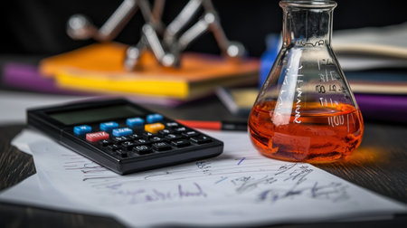 Isolated view of a scientists test notes, calculator, and experiment planning sheetsの素材
