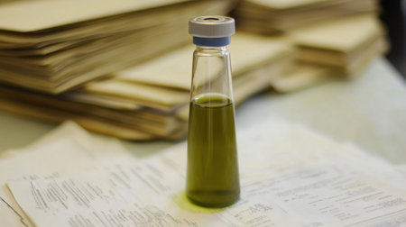 Laboratory equipment and a clear vial filled with green liquid surrounded by research papersの素材