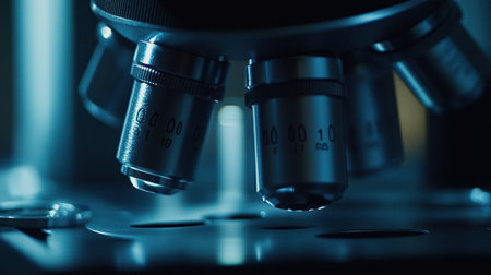 Macro photo of microscope objective lenses with etched magnification valuesの素材