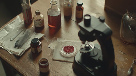 Medical microscope focused on a cell culture slide in a laboratory settingの素材