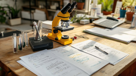 Lab equipment for testing medical devices, surrounded by research papers and medical notesの素材