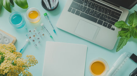 Lab technician's tools like pipettes, petri dishes, and molecular models arranged on a deskの素材