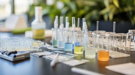 Laboratory table with acids and bases labeled and set up for titration experimentの素材