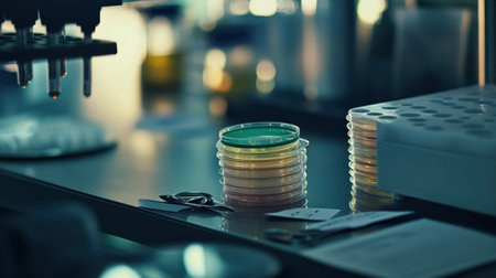 Lab bench with Petri dishes, flasks, and PH indicator chart beside measuring spoonsの素材