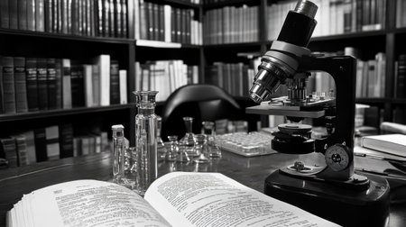 Microscope placed in a research environment with test samples and reference booksの素材
