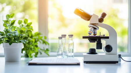 Microscope, flasks, and lab journal on a clean white desk in a bright chemistry labの素材