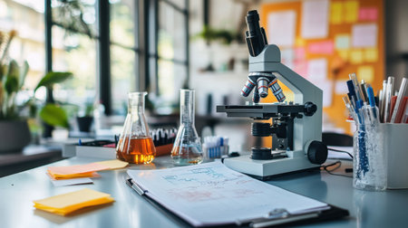 Microscope station with open experiment notebook and sticky notes on surrounding surfacesの素材