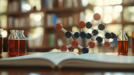 Molecular structure model beside open notebook and chemical reagents in small bottlesの素材