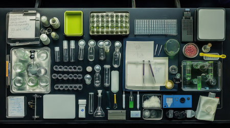 Overhead view of a scientists bench with labeled glassware, precision scales, and experiment notesの素材