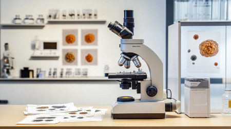 Pathology lab microscope station with annotated prints of cellular structures nearbyの素材