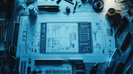 RD table covered with circuit prototypes, soldering tools, and a blueprint for a smart deviceの素材