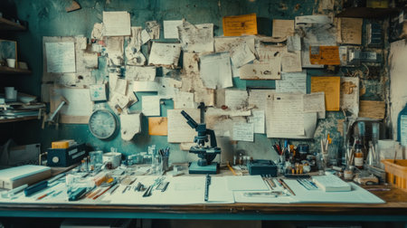 Neatly organized science lab bench with microscope, labeled pipettes, and lab notesの素材