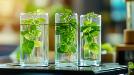 Photosynthesis test setup with aquatic plants in glass tubes under controlled lightの素材