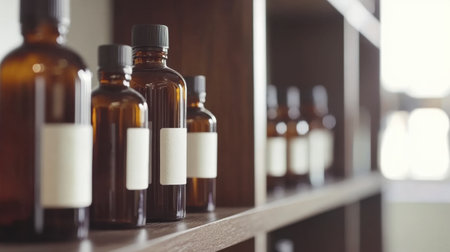 Neatly labeled chemical bottles on a lab shelf next to organized measuring toolsの素材