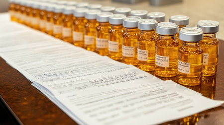Pharmaceutical RD bench showing drug development vials and analysis paperworkの素材