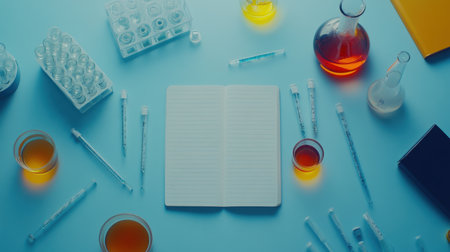 Overhead view of a modern lab desk with notebooks, pipettes, and chemistry flasks mid-researchの素材