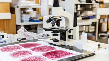 Pathology lab microscope station with annotated prints of cellular structures nearbyの素材