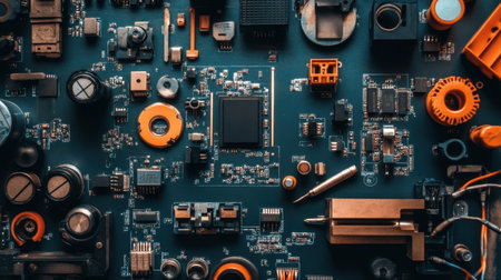 RD table covered with circuit prototypes, soldering tools, and a blueprint for a smart deviceの素材