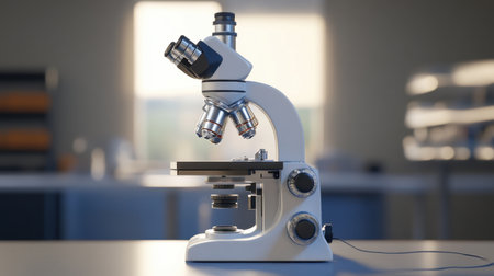 Side angle view of a compound microscope and its mechanical stage control knobsの素材