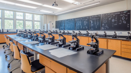 Science classroom with microscopes placed in rows and labeled glass slides preparedの素材