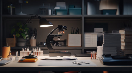Science workspace with DNA models, pipettes, and stacks of research papers under task lightingの素材