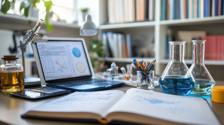 Scientists reference table featuring opened textbooks, digital pad, and sample diagramsの素材