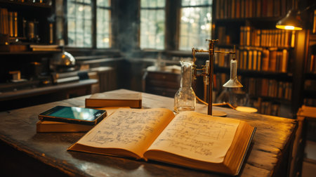 Scientists reference table featuring opened textbooks, digital pad, and sample diagramsの素材