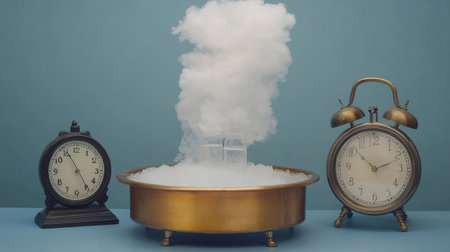 Temperature reaction rate experiment showing ice bath and heated samples beside clockの素材