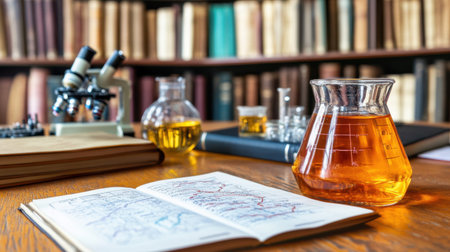 Scientists desk filled with research journals, microscope slides, and a digital tablet showing chemical formulasの素材