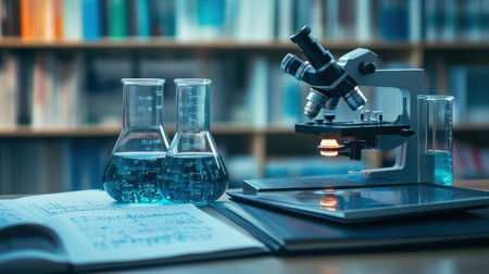 Scientists desk filled with research journals, microscope slides, and a digital tablet showing chemical formulasの素材