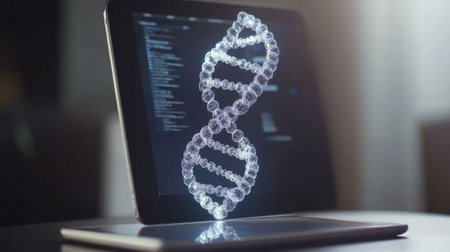 Transparent DNA model hovering over a computer tablet with biotech data on screenの素材