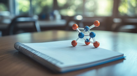 Scientific notepad open next to molecular model and completed chemical reactionの素材