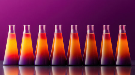 Row of Erlenmeyer flasks filled with colored solutions in gradient pattern, placed on reflective lab counterの素材