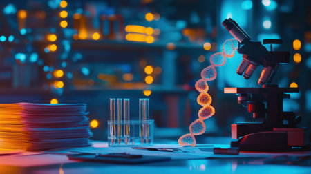 Science workspace with DNA models, pipettes, and stacks of research papers under task lightingの素材