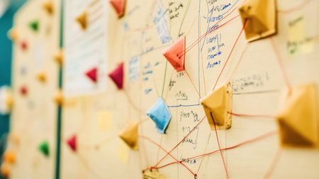 Scientific theory board filled with diagrams, hypothesis notes, and color-coded stringsの素材