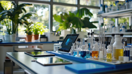 Table with augmented reality glasses, tablet, and science research tools neatly arrangedの素材