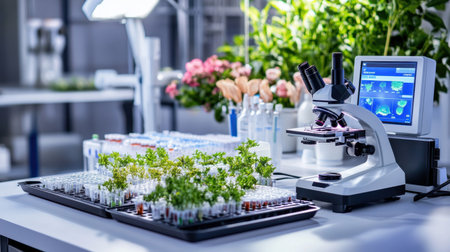 Table setup for biology research with sample trays, tweezers, and digital microscope controlsの素材