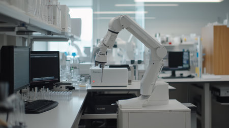 Science lab featuring robotic arms, lab computers, and DNA testing machinesの素材