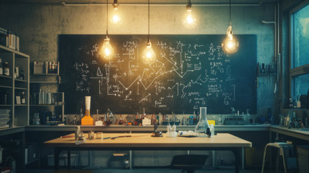 Whiteboard filled with scientific equations, arrows, and development ideas in a lab settingの素材