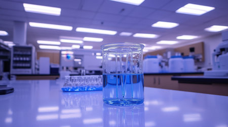 Chemistry lab featuring flasks, beakers, and bubbling solutions under bright fluorescent lightingの素材
