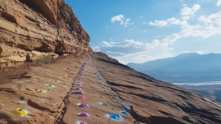 Rock climbing route marked on cliffside with chalked holds and quickdraws clipped inの素材