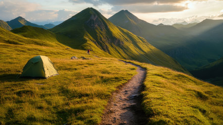 Rolling hills and distant tent seen from drone view over hiking pathの素材