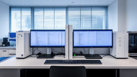 Automated DNA sequencer in action with visible data processing screens and genetic codeの素材