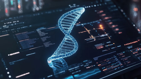 Blue and white DNA helix under a virtual microscope view with side data panelsの素材