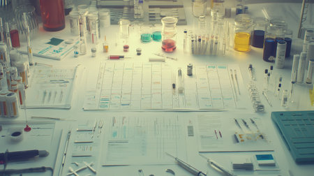 Clean white surface filled with syringes, vials, and scientific papers for medical researchの素材
