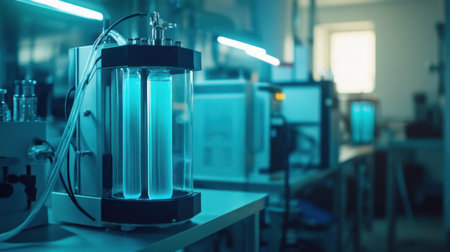 Clean energy lab featuring hydrogen fuel cells and futuristic control panelsの素材