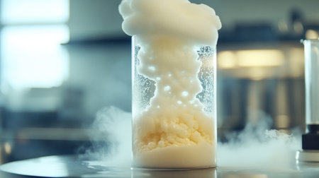 Close-up of chemical reaction producing foam in a graduated cylinderの素材